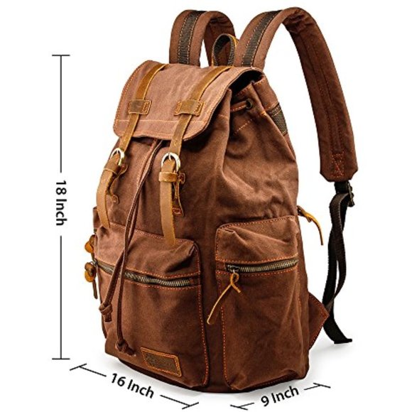 21L Vintage Canvas Backpack for Men Leather Rucksack Knapsack - Picture 4 of 9